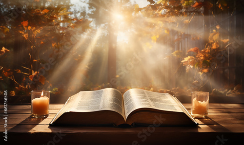 the silhouette of an open Bible is highlighted against the radiant beams of sunlight