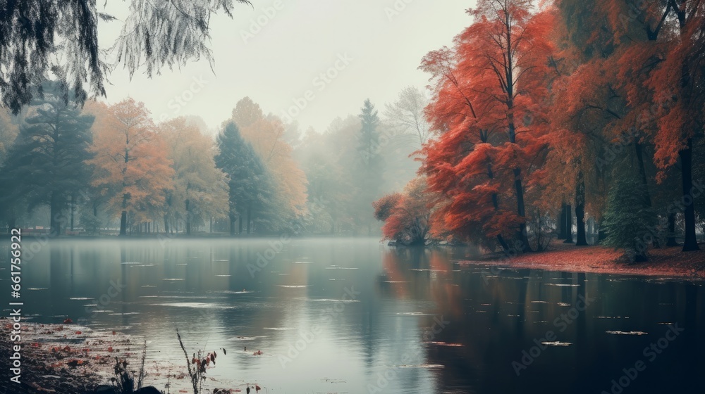 Small beautiful lake at foggy autumn day in the park.