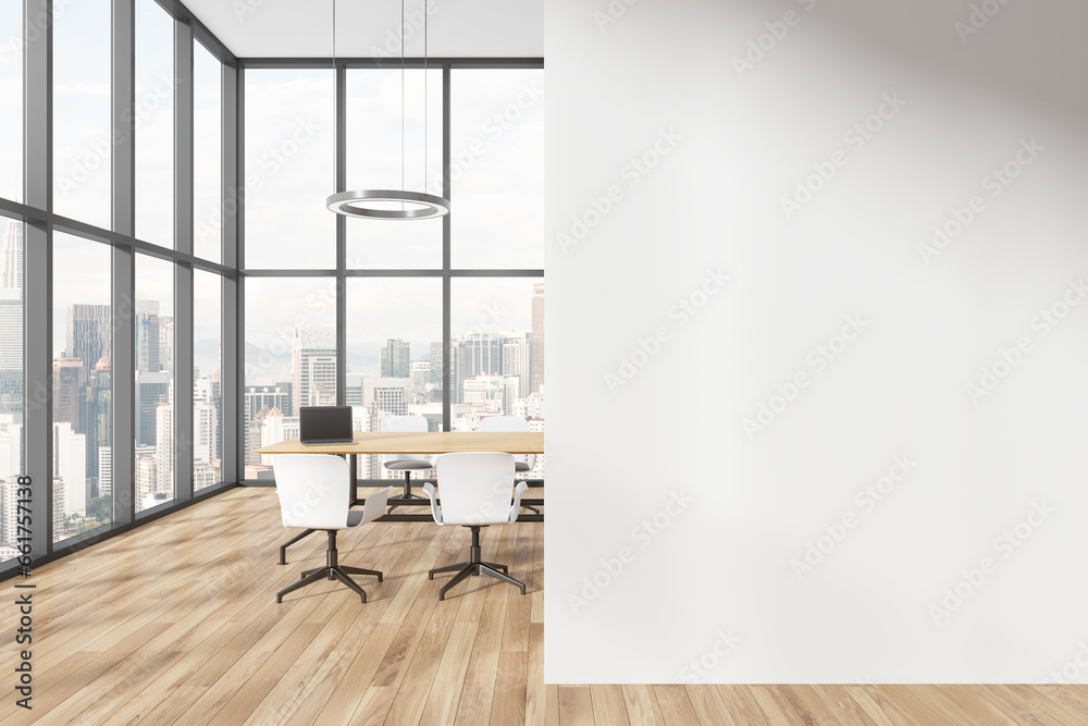 Fototapeta premium Cozy conference room interior with table and chairs, window. Mock up wall