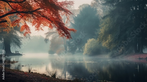 Small beautiful lake at foggy autumn day in the park. © Emil