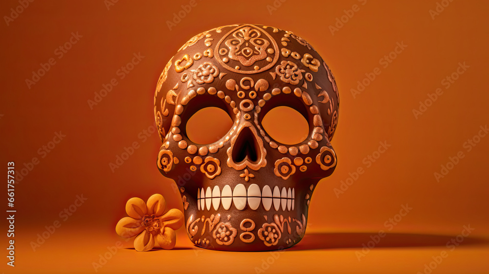 A single sugar skull or Catrina on a brown background or wallpaper