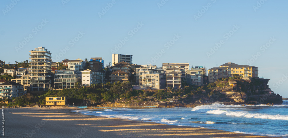 Manly Beach Sydney, Australia.  Houses next to beach, sunset
