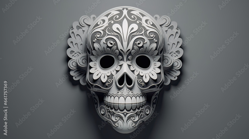 A single sugar skull or Catrina on a gray background or wallpaper