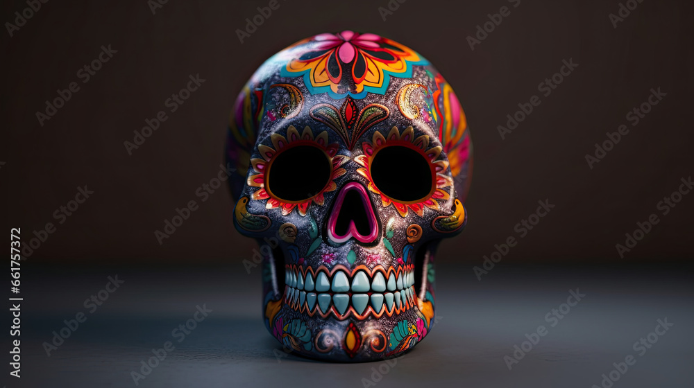 A single sugar skull or Catrina on a dark gray background or wallpaper