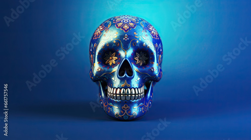 A single sugar skull or Catrina on a blue background or wallpaper