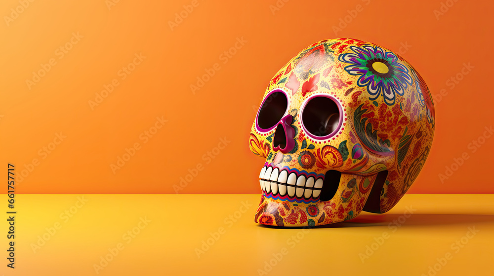A single sugar skull or Catrina on a tan background or wallpaper - obrazy, fototapety, plakaty 