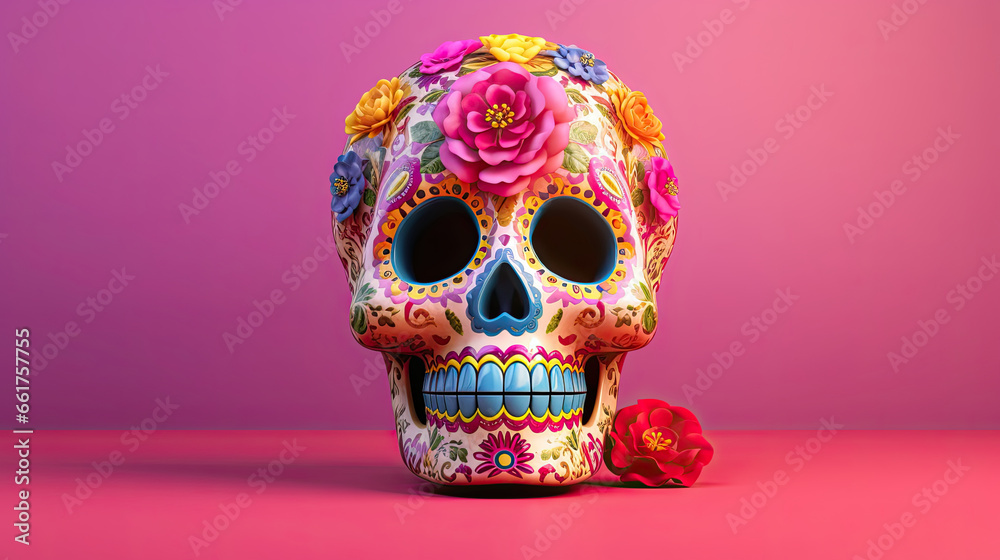 A single sugar skull or Catrina on a blush background or wallpaper