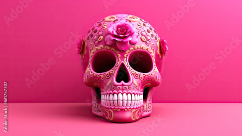 A single sugar skull or Catrina on a pink background or wallpaper