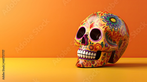 A single sugar skull or Catrina on a tan background or wallpaper photo