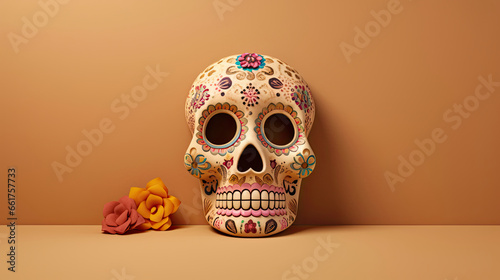 A single sugar skull or Catrina on a beige background or wallpaper