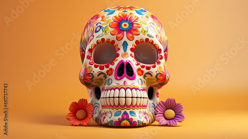 A single sugar skull or Catrina on a beige background or wallpaper