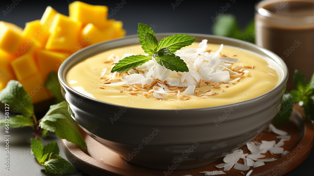 bowl of fresh mango yogurt with mint and banana bowl of fresh mango yogurt with mint and banana