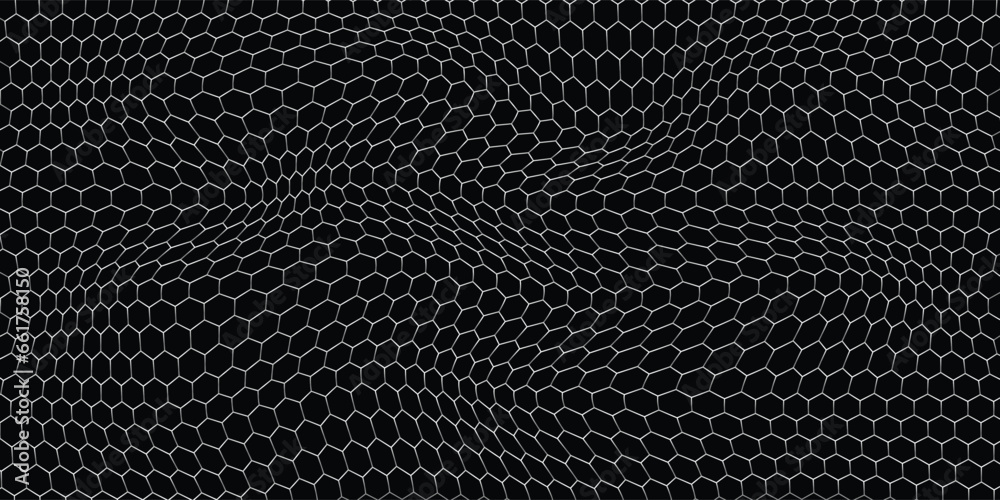 Dark grey abstract wide horizontal banner with hexagon carbon fiber grid and orange luminous lines. Technology vector background with orange neon lines - obrazy, fototapety, plakaty 