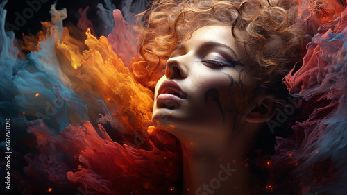 beautiful female model with colorful smoke. beauty woman in studio.