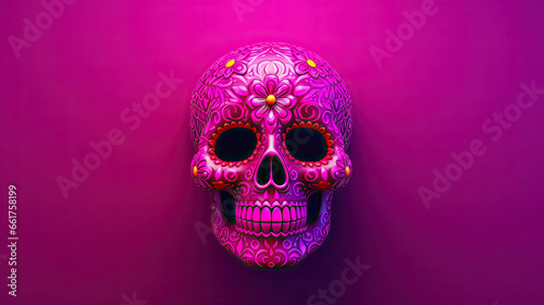 A single sugar skull or Catrina on a dark magenta background or wallpaper