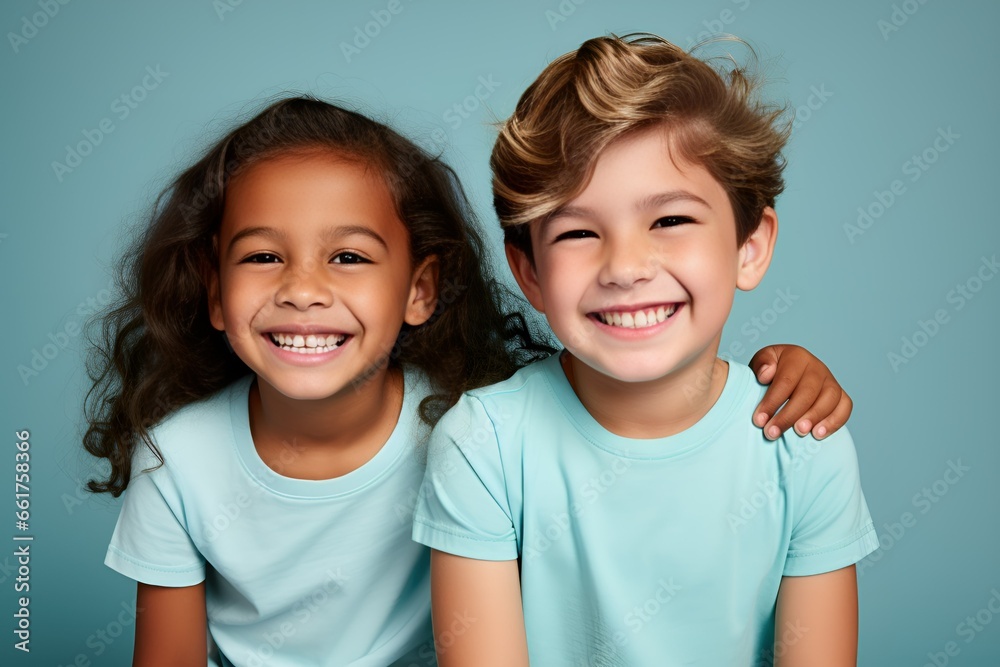 Portrait of two fictional diverse young children with innocent smile. Isolated on a plain colored background. Generative AI illustration. Portrait of two fictional diverse young children with innocent smile. Isolated on a plain colored background. Generative AI illustration.
