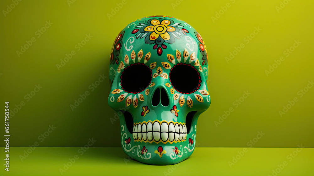 A single sugar skull or Catrina on a vivid green background or wallpaper A single sugar skull or Catrina on a vivid green background or wallpaper