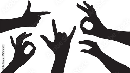 set of hand silhouettes isolated on white, Human hand gestures, collection of black hands, flat, silhouette hands pose collection, Vector illustration.