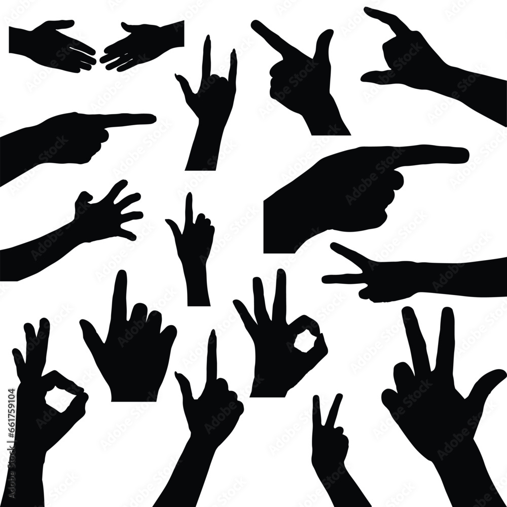 set of hand silhouettes isolated on white, Human hand gestures, collection of black hands, flat, silhouette hands pose collection, Vector illustration. set of hand silhouettes isolated on white, Human hand gestures, collection of black hands, flat, silhouette hands pose collection, Vector illustration.