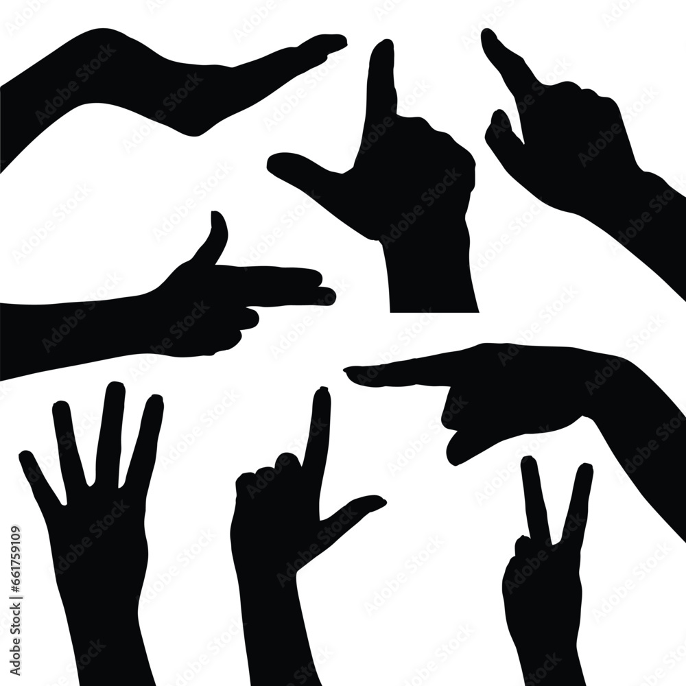 set of hand silhouettes isolated on white, Human hand gestures, collection of black hands, flat, silhouette hands pose collection, Vector illustration. set of hand silhouettes isolated on white, Human hand gestures, collection of black hands, flat, silhouette hands pose collection, Vector illustration.