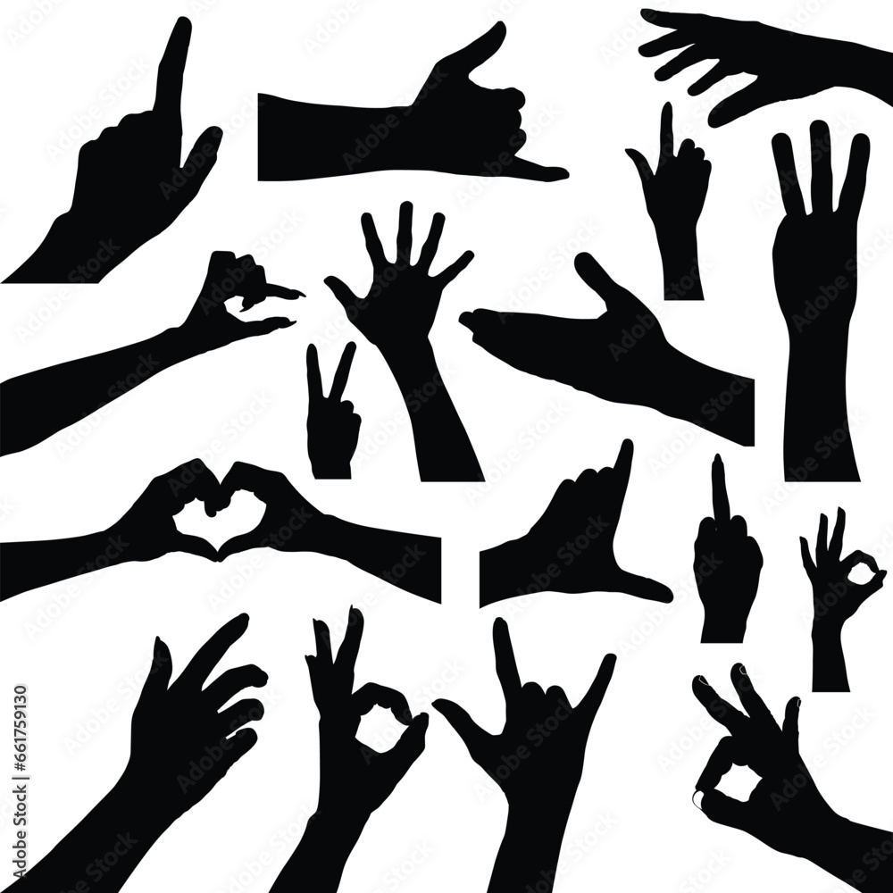 set of hand silhouettes isolated on white, Human hand gestures, collection of black hands, flat, silhouette hands pose collection, Vector illustration. set of hand silhouettes isolated on white, Human hand gestures, collection of black hands, flat, silhouette hands pose collection, Vector illustration.