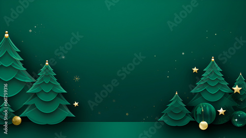 Christmas monochrome in emerald color greeting with Christmas trees  design with golden decorative elements and copy space. Green Merry Christmas and Happy New Year greeting card.  photo