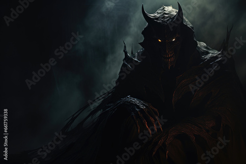 Leinwand Poster Dark menacing devil figure shrouded in shadows