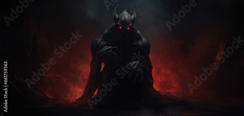 Dark menacing devil figure shrouded in shadows