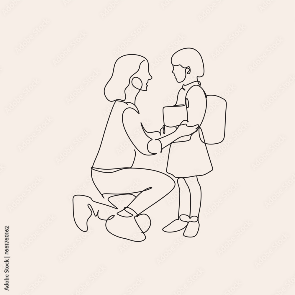 Parents take their children to school line illustration. Line art vector Education Parents take their children to school line illustration. Line art vector Education