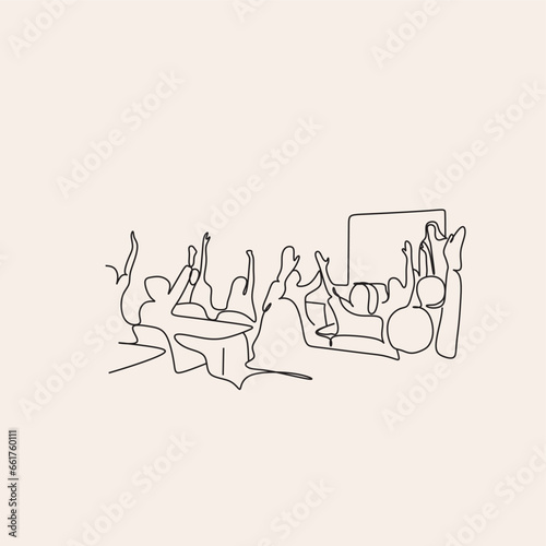 continuous single drawn one line kids on lessons with teacher. Line art. 