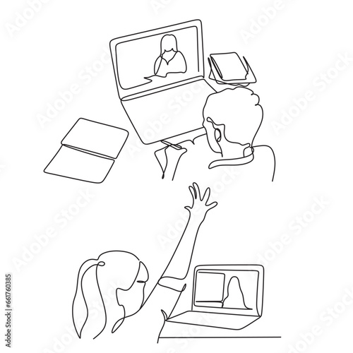 Vector illustration of boy chatting, with headphones, saluting in front of the computer. Distance learning concept, social distancing, isolation at the time of coronavirus quarantine. Continuous line