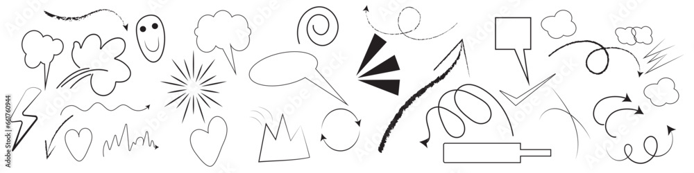 Charcoal pen liner doodle elements, crown, emphasis arrow, speech bubble, scribble. Set of cute pen line doodle element vector. Vector illustration of fire, highlight, explosio Charcoal pen liner doodle elements, crown, emphasis arrow, speech bubble, scribble. Set of cute pen line doodle element vector. Vector illustration of fire, highlight, explosio
