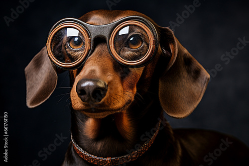 dachshund dog wearing aviator glasses on a wooden background. dachshund dog with pilot glasses on a dark background. studio shot. a puppy with glasses. © Nadezhda
