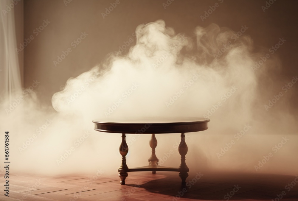 Empty table podium with smoke