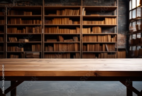 Empty wooden table and bookshelf background. AI Generated Images