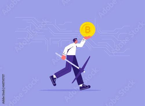 Concept of bitcoin mining or cryptocurrency, flat vector illustration, businessman holding a pickaxe and a bitcoin