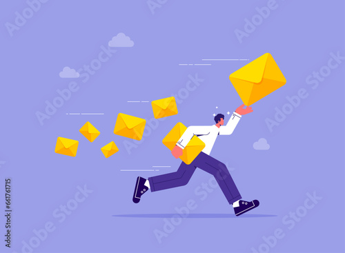 Businessman holding big closed envelope with paper letter, concept of marketing email message sending and receiving, man delivering mail