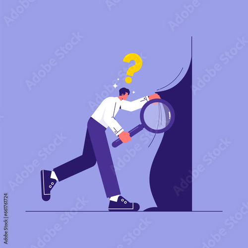 Finding solution or creativity concept, businessman searching, exploring new and unknown, looking for hidden opportunities, secrets