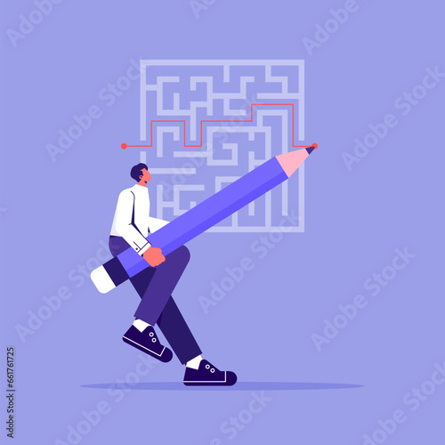 Finding solutions, exit from crisis concept, idea, Complex way to success, businessman solving problem with logic rational decision