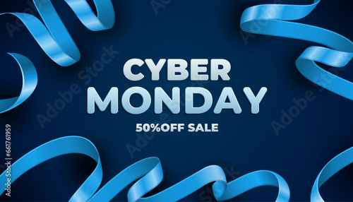 Cyber monday sale design template. Dark banner with blue long ribbon. Vector illustration