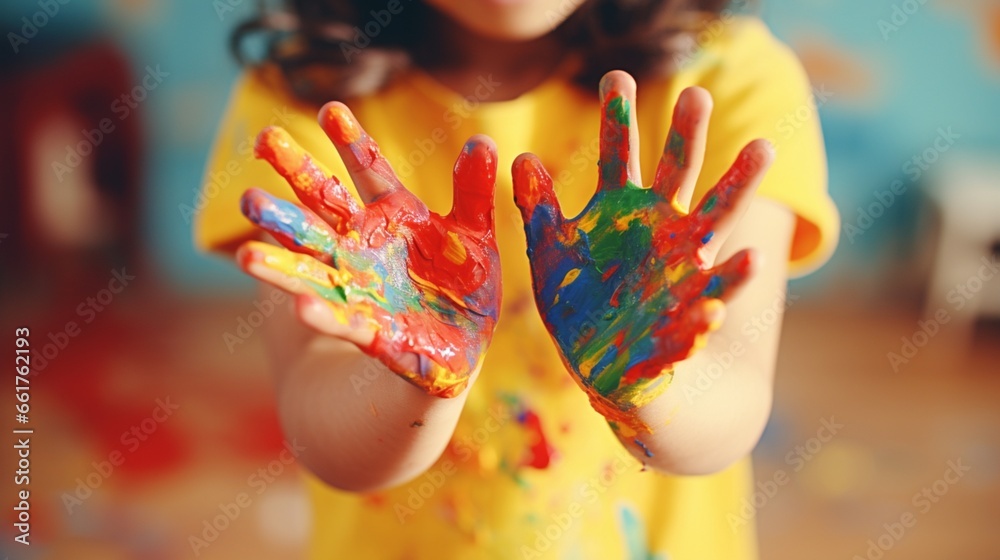Obraz premium painted child hands generated by AI
