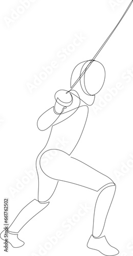 One single line drawing of man fencer athlete in fencing costume exercising motion. Sport concept. Modern continuous line draw design for combative and fighting sport poster. Vector illustration.