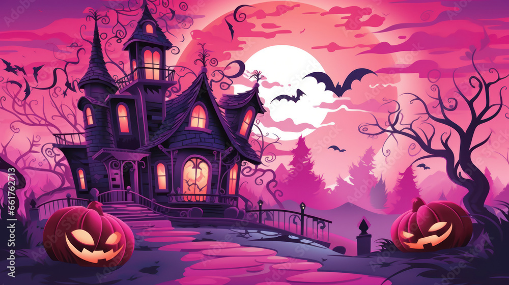 Fototapeta premium Illustration of a haunted house in shades of pink. Halloween, fear, horror