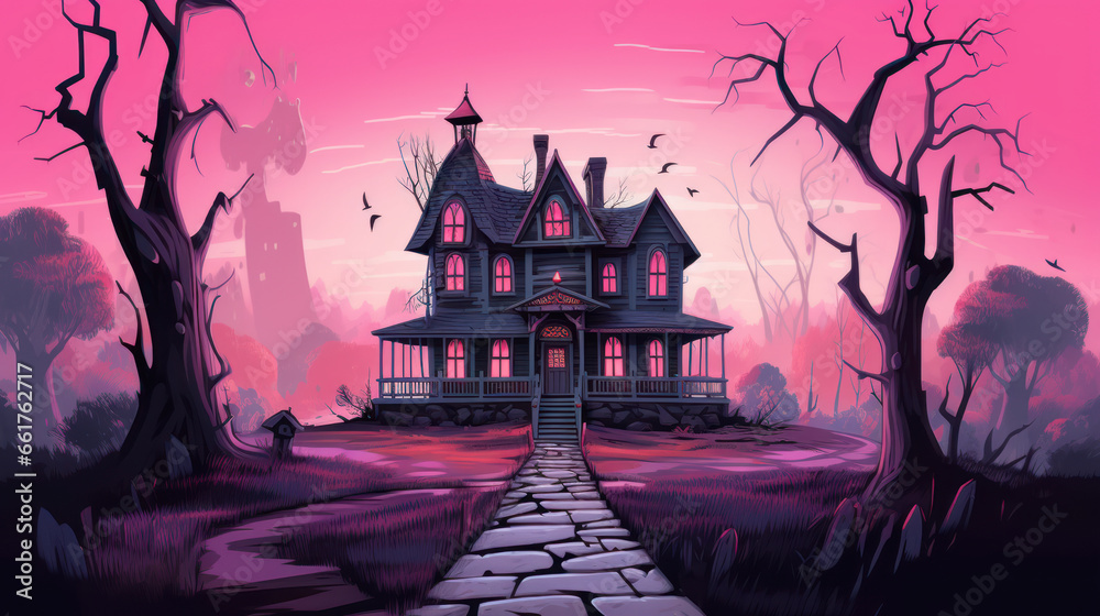Illustration of a haunted house in shades of pink. Halloween, fear, horror