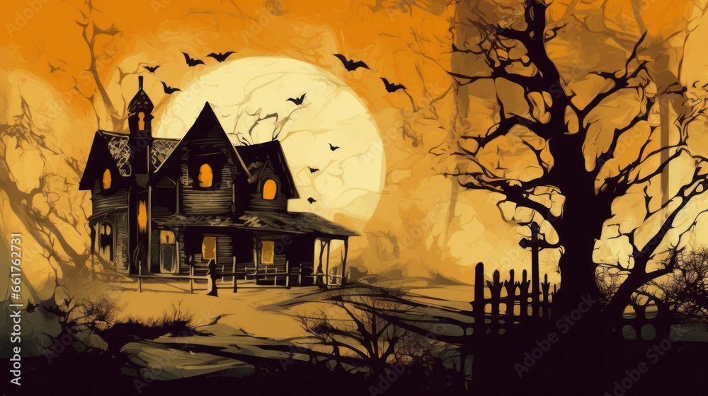 Illustration of a haunted house in shades of tan. Halloween, fear, horror