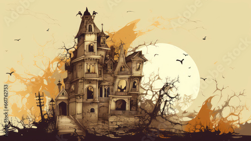 Illustration of a haunted house in shades of beige. Halloween  fear  horror