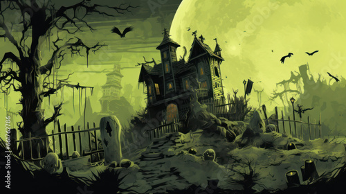 Illustration of a haunted house in shades of olive green. Halloween, fear, horror