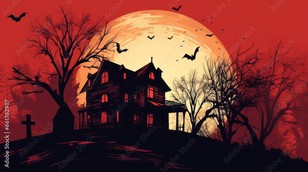 Illustration of a haunted house in shades of dark maroon. Halloween, fear, horror