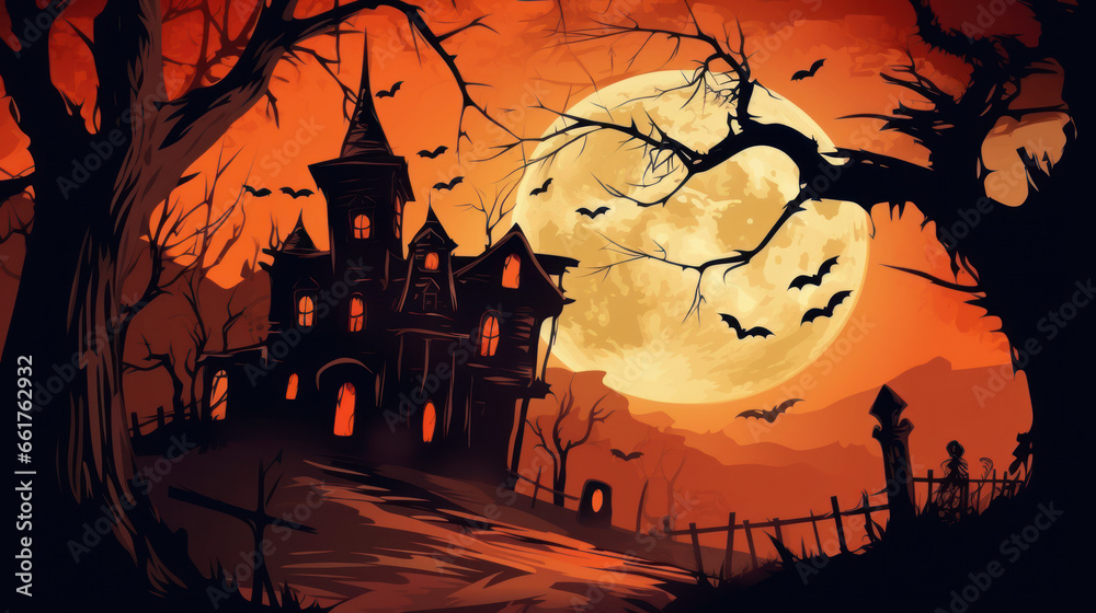 Illustration of a haunted house in shades of dark orange. Halloween, fear, horror