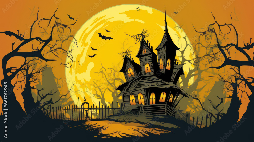 Illustration of a haunted house in shades of dark yellow. Halloween, fear, horror